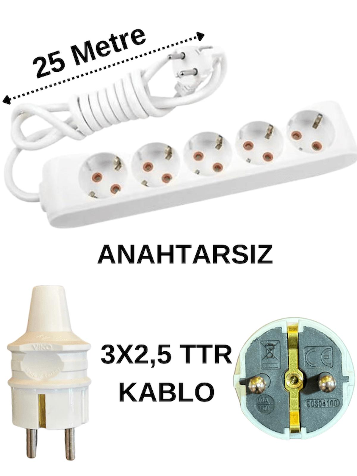 Avarson 3500 W Kalın Topraklı 5'li 25 m Uzatma Kablosu Beyaz