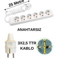 Avarson 3500 W Kalın Topraklı 6'lı 25 m Uzatma Kablosu Beyaz