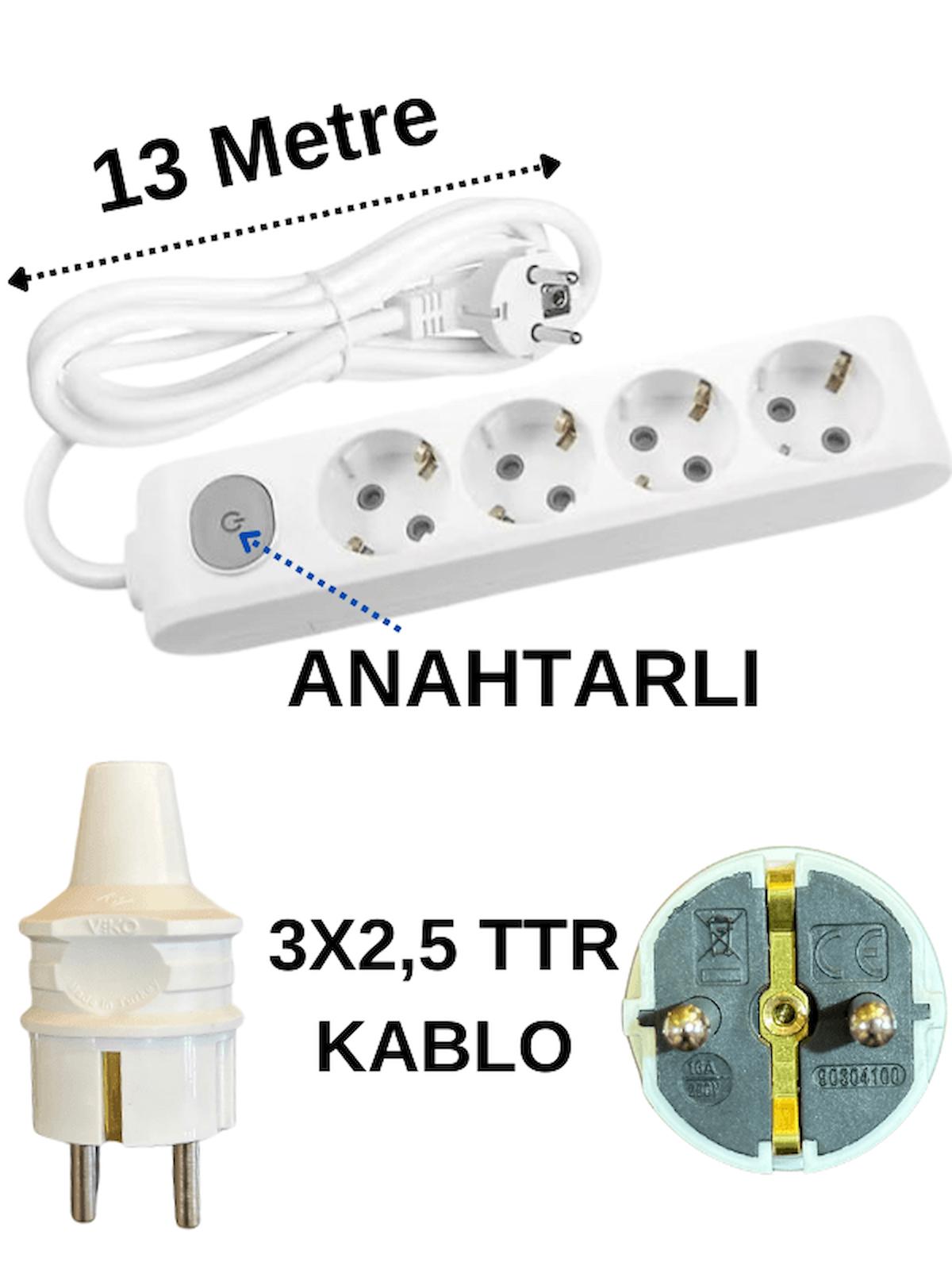 Avarson 3500 W Kalın Topraklı Anahtarlı 4'lü 13 m Uzatma Kablosu Beyaz
