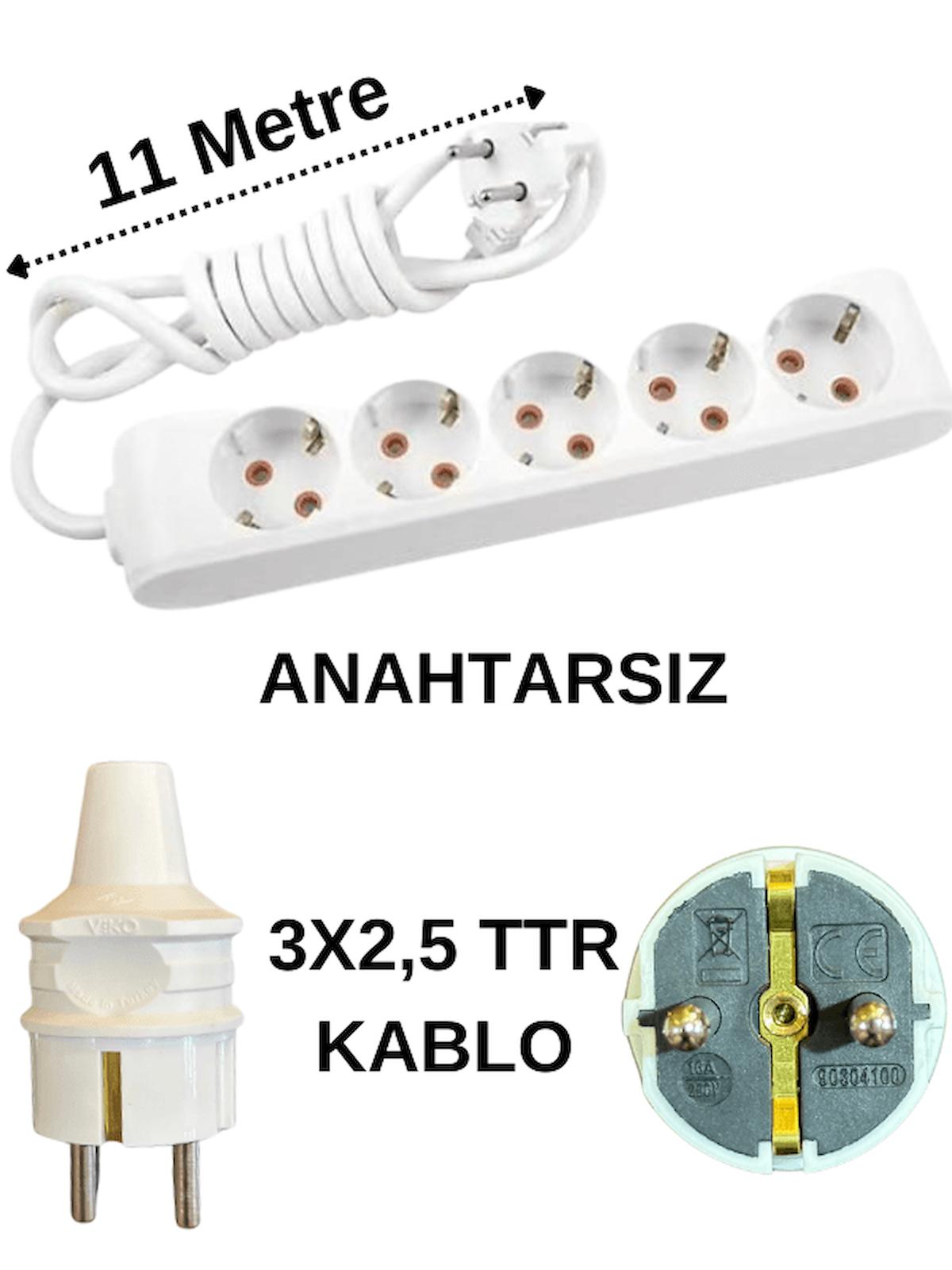 Avarson 3500 W Kalın Topraklı 5'li 11 m Uzatma Kablosu Beyaz