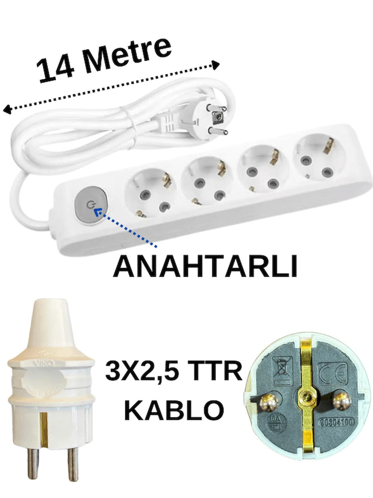 Avarson 3500 W Kalın Topraklı Anahtarlı 4'lü 14 m Uzatma Kablosu Beyaz