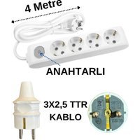 Avarson Kalın Topraklı Anahtarlı 4'lü 4 m Uzatma Kablosu Beyaz