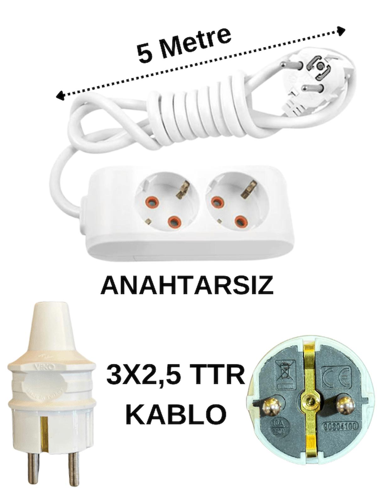 Avarson Kalın Topraklı 2'li 5 m Uzatma Kablosu Beyaz