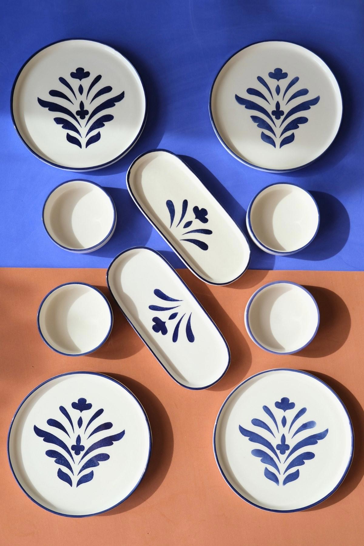 Jamour Boabab Handmade Kobalt 10 Parça 4 Kişilik Beyaz-Mavi Desenli Seramik Kahvaltı Takımı