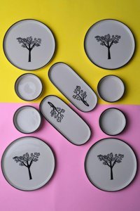 Jamour Boabab Handmade Boabab 10 Parça 4 Kişilik Beyaz-Siyah Desenli Seramik Kahvaltı Takımı