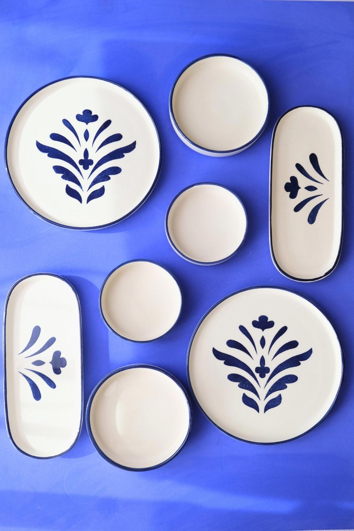 Jamour Boabab Handmade Kobalt 8 Parça 2 Kişilik Beyaz-Mavi Desenli Porselen Kahvaltı Takımı
