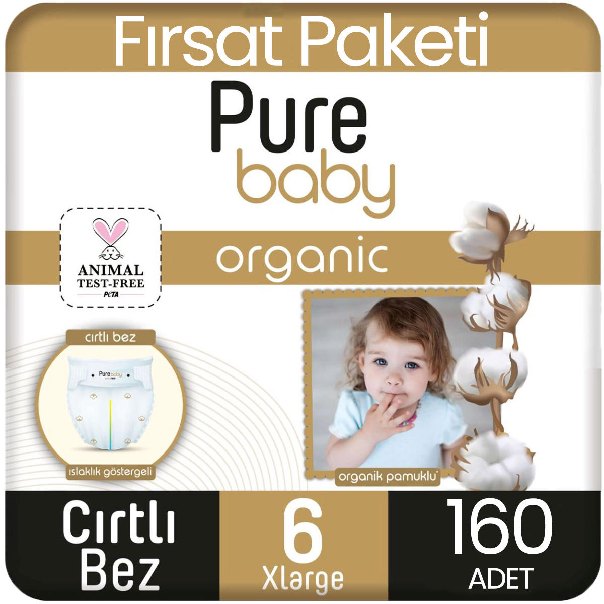 Pure Baby Pamuklu 6 Numara Organik Cırtlı Bebek Bezi 160'lı