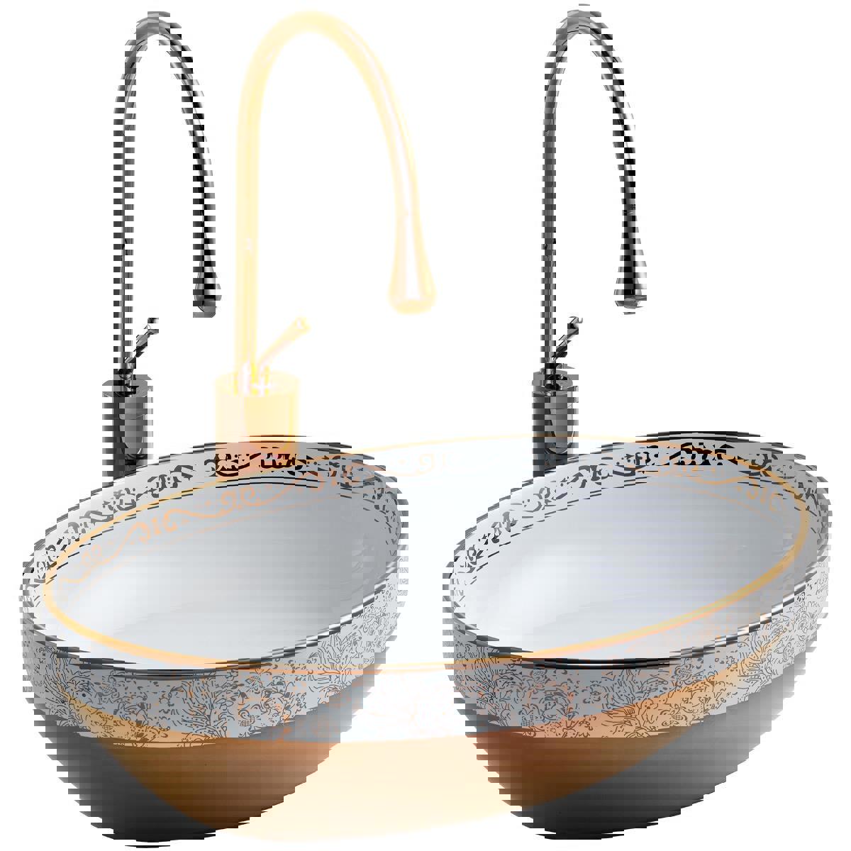 Lena E-8304 Dekoratif Tekli 50 cm Porselen Tezgah Üstü Oval Lavabo Çok Renkli
