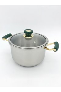 Narin Yeşil Ve Altın Rengi Dekorlu Cam Kapaklı Çelik 22 cm Derin Tencere
