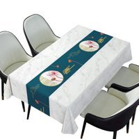 SQMSK Şans Lotus Çiçeği Silinebilir PVC 140x220 cm Dikdörtgen Masa Örtüsü Beyaz-Turkuaz