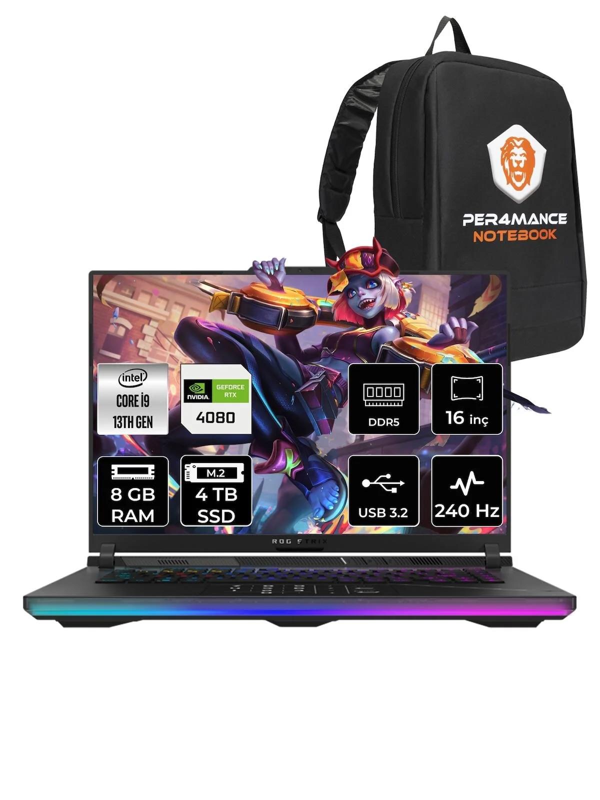 Asus ROG Strix Scar 16 NM044 Harici GeForce RTX 4080 Intel Core i9 13980HX 8 GB Ram 4 TB SSD 16 inç Full HD FreeDos Oyuncu Laptop + PER4 Çanta