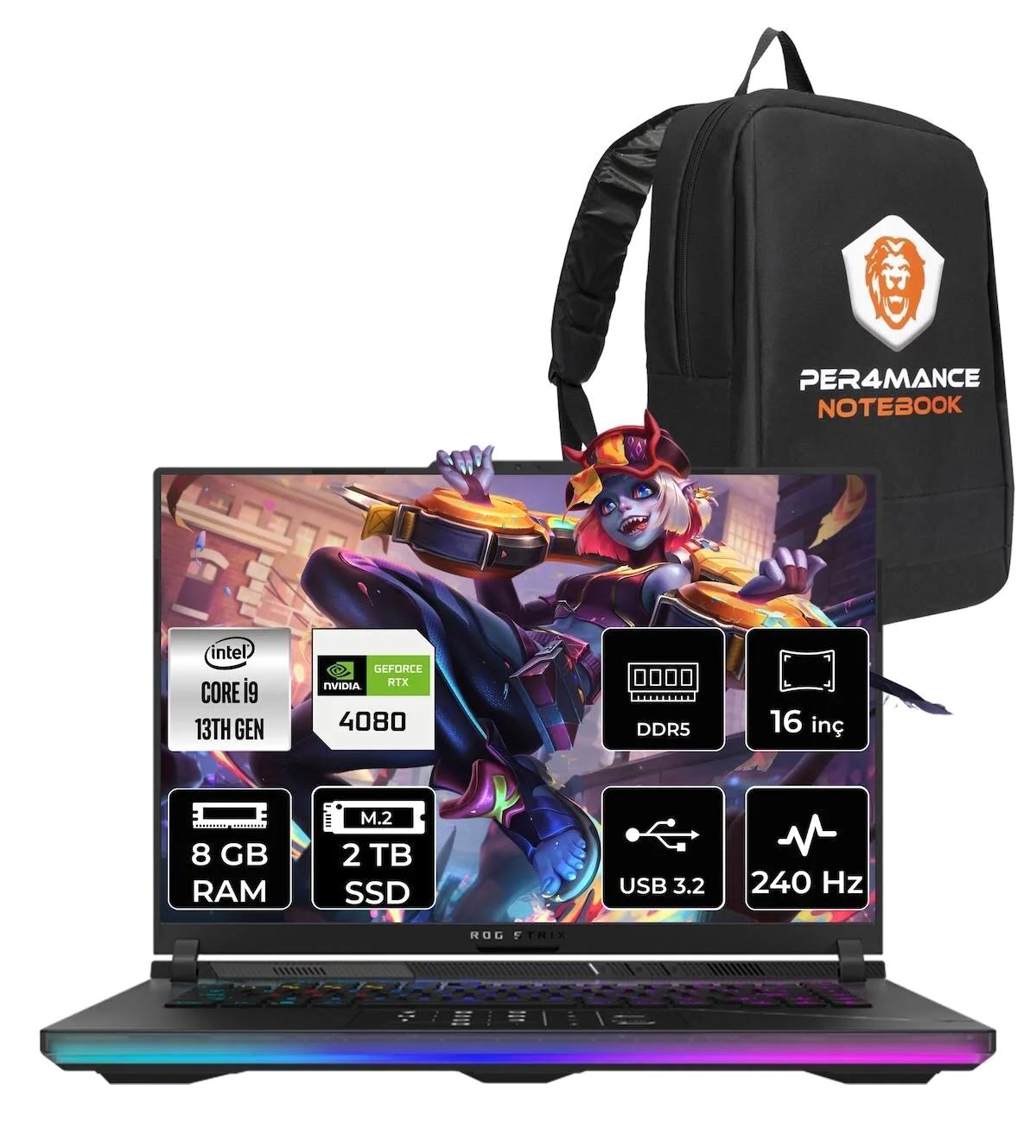 Asus ROG Strix Scar 16 NM044 Harici GeForce RTX 4080 Intel Core i9 13980HX 8 GB Ram 2 TB SSD 16 inç Full HD FreeDos Oyuncu Laptop + PER4 Çanta