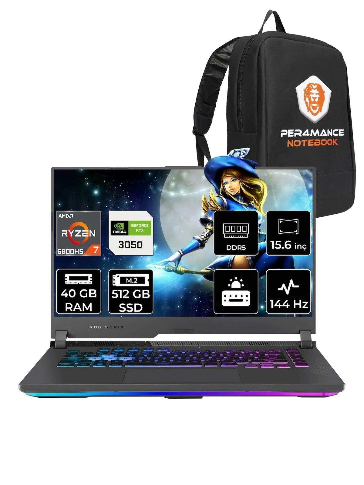 Asus ROG Strix G15 HN194 Harici GeForce RTX 3050 AMD Ryzen 7 6800H 40 GB Ram 512 GB SSD 15.6 inç Full HD FreeDos Oyuncu Laptop + PER4 Çanta