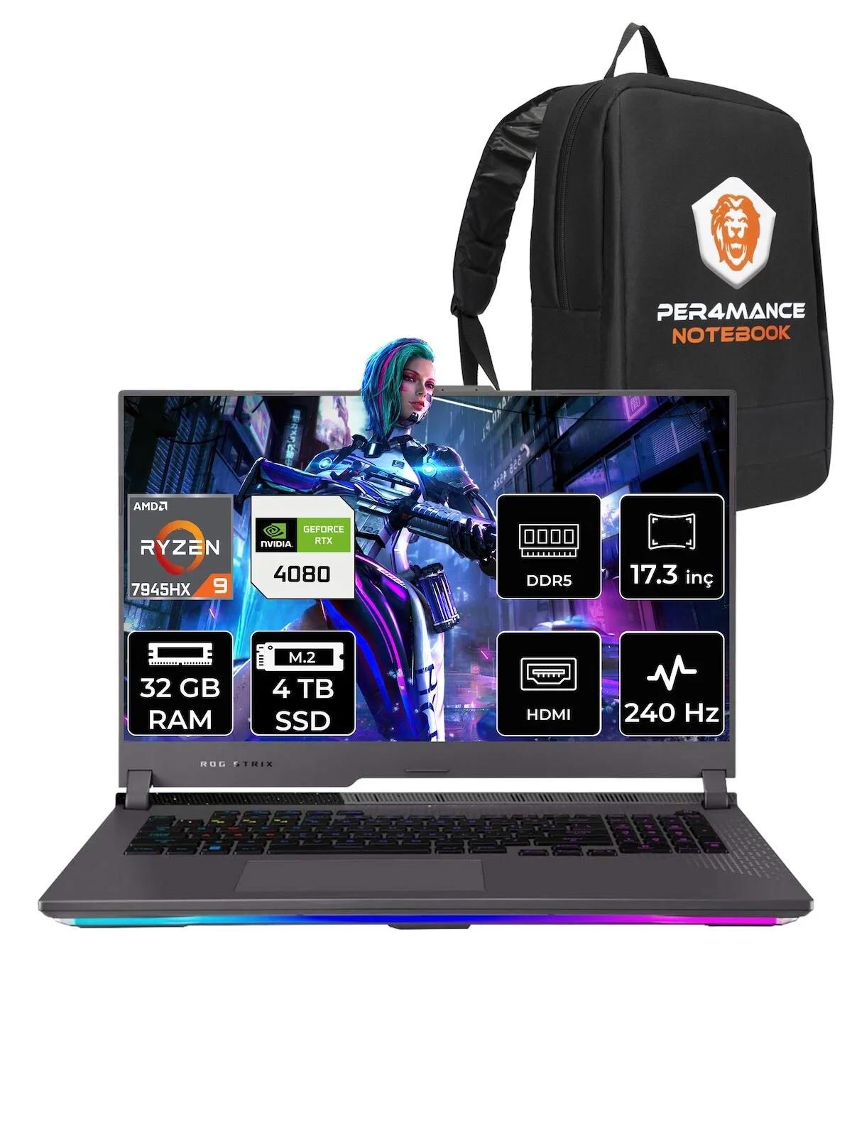 Asus ROG Strix Scar 17 LL063 Harici GeForce RTX 4080 AMD Ryzen 9 7945HX 32 GB Ram 4 TB SSD 17.3 inç QHD FreeDos Oyuncu Laptop + PER4 Çanta