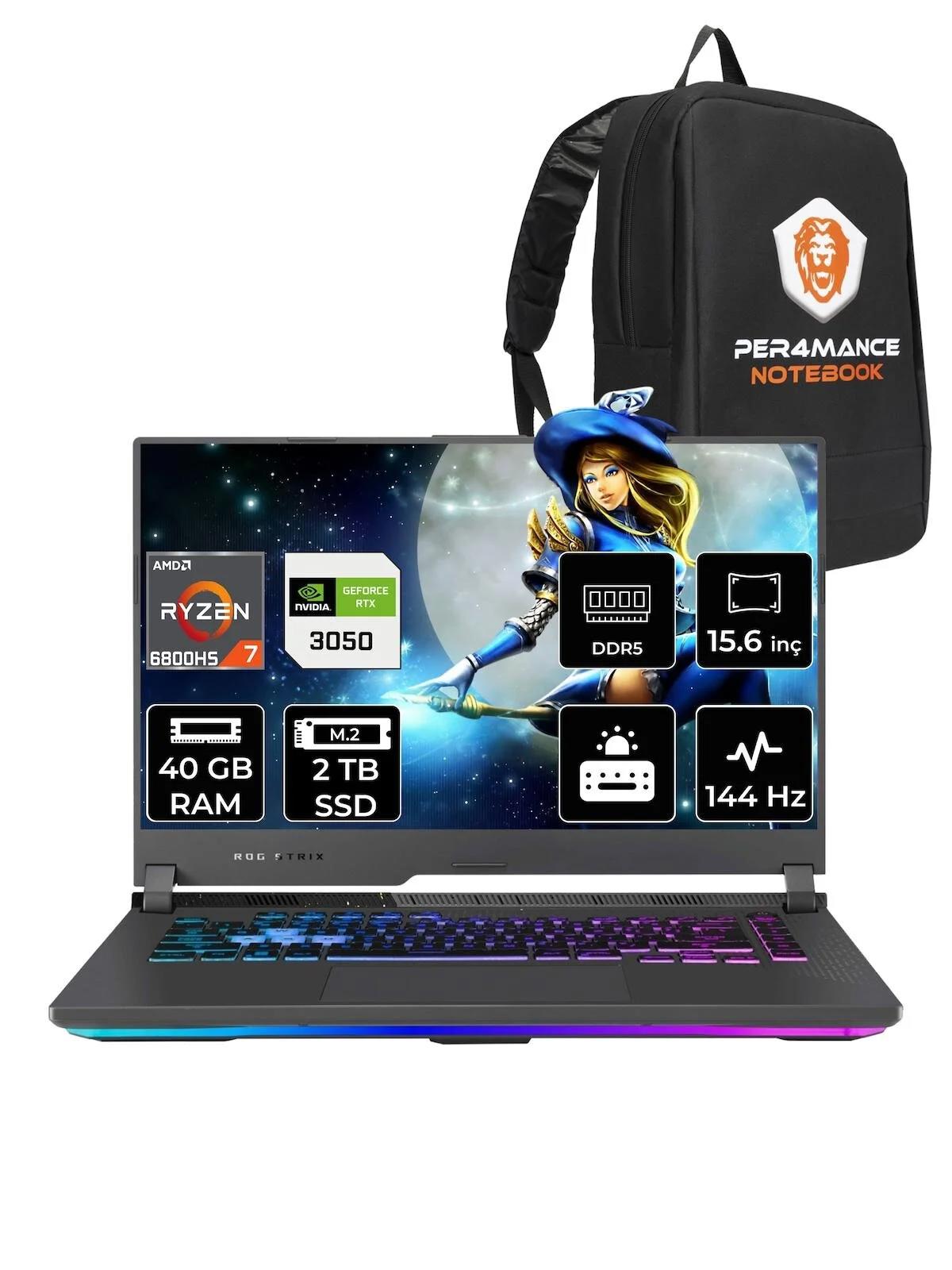 Asus ROG Strix G15 HN193 Harici GeForce RTX 3050 AMD Ryzen 7 6800H 40 GB Ram 2 TB SSD 15.6 inç Full HD FreeDos Oyuncu Laptop + PER4 Çanta