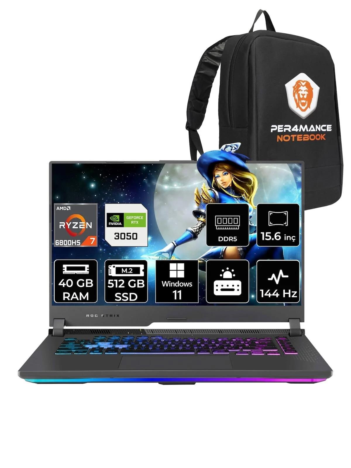 Asus ROG Strix G15 HN193 Harici GeForce RTX 3050 AMD Ryzen 7 6800H 40 GB Ram 512 GB SSD 15.6 inç Full HD Windows 11 Pro Oyuncu Laptop + PER4 Çanta