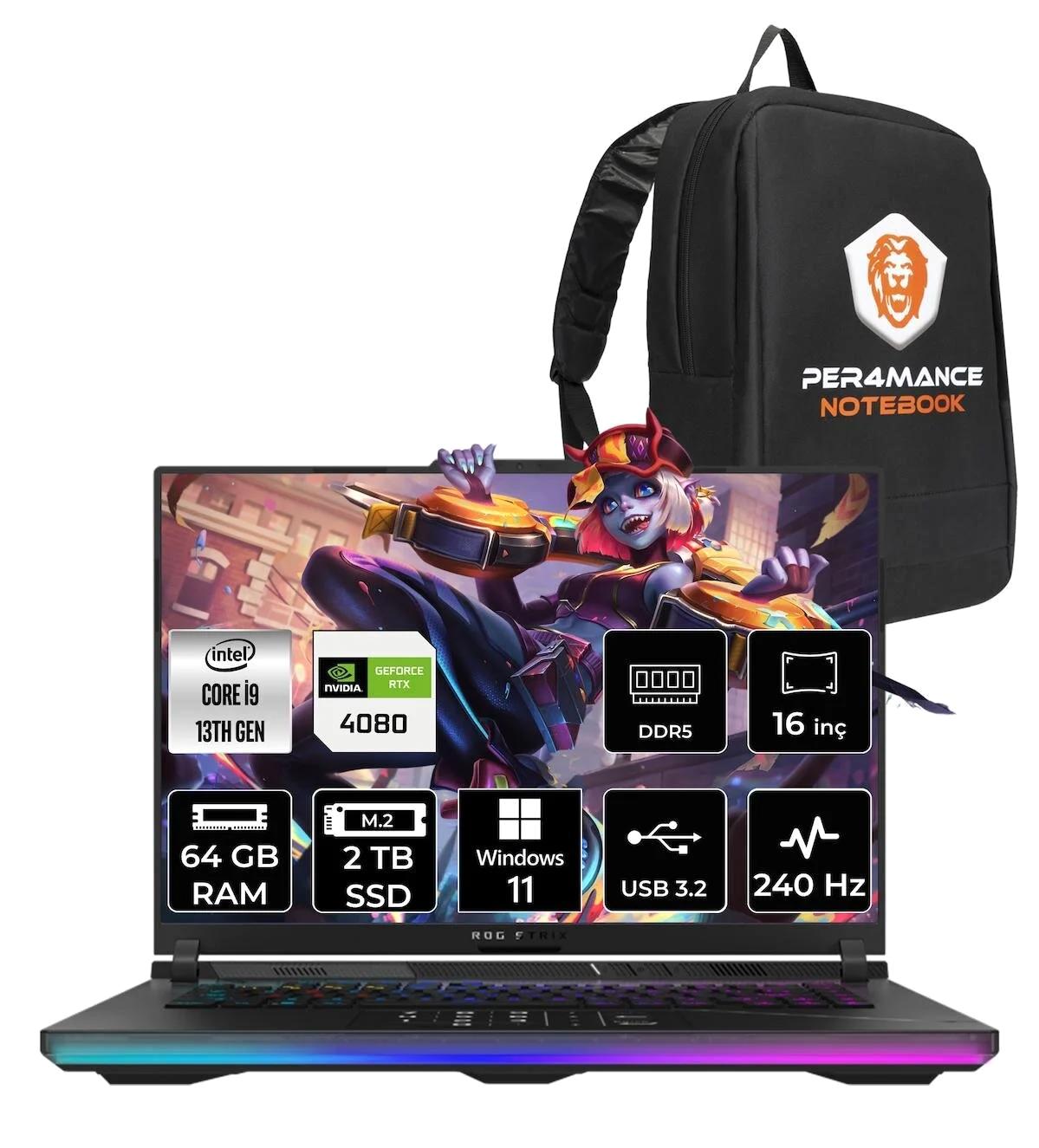 Asus ROG Strix Scar 16 NM042 Harici GeForce RTX 4080 Intel Core i9 13980HX 64 GB Ram 2 TB SSD 16 inç Full HD Windows 11 Pro Oyuncu Laptop + PER4 Çanta