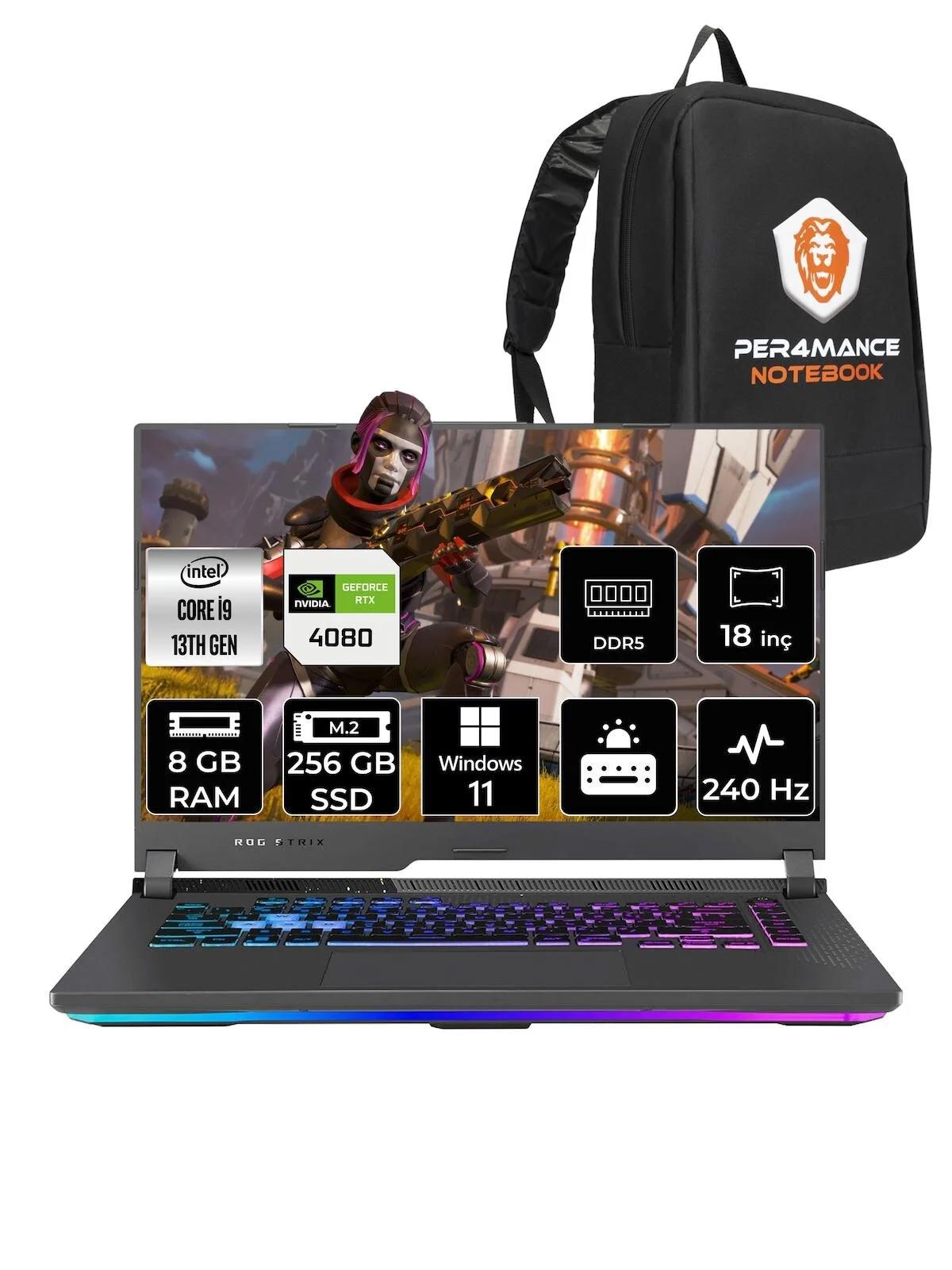 Asus ROG Strix G18 N6044 Harici GeForce RTX 4080 Intel Core i9 13980HX 8 GB Ram 256 GB SSD 18 inç Full HD Windows 11 Home Oyuncu Laptop + PER4 Çanta