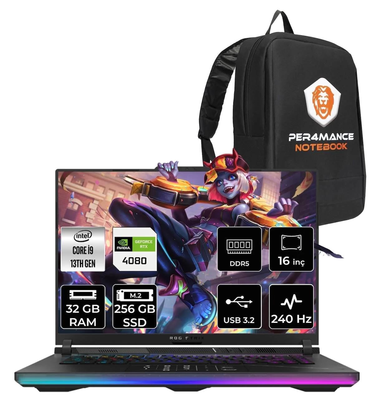 Asus ROG Strix Scar 16 NM043 Harici GeForce RTX 4080 Intel Core i9 13980HX 32 GB Ram 256 GB SSD 16 inç Full HD FreeDos Oyuncu Laptop + PER4 Çanta