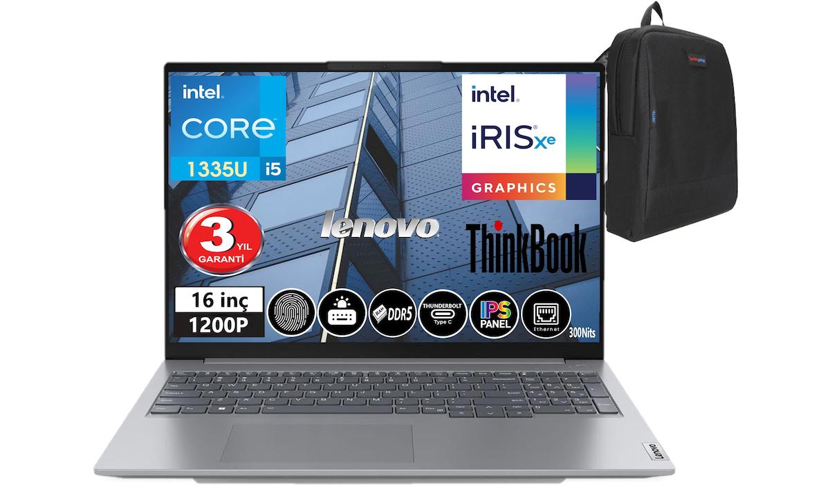 Lenovo Thinkbook 16 21KH001ETR Zİ727 Dahili Intel Iris Xe Graphics Eligible Intel Core i5 1335U 16 GB DDR5 Ram 512 GB SSD 16 inç Full HD Windows 11 Pro Laptop + WeblegelsinÇanta