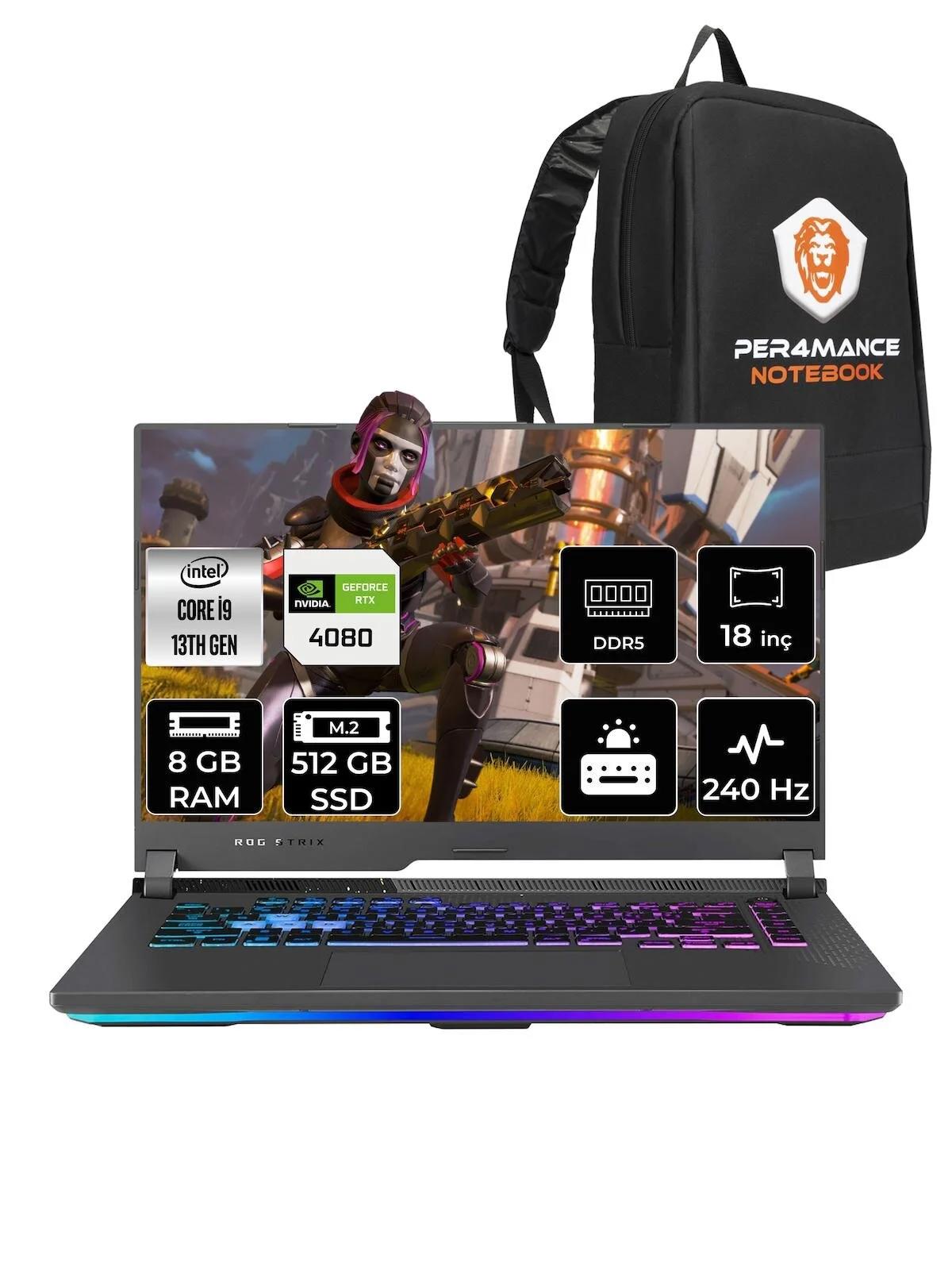 Asus ROG Strix G18 N6002 Harici GeForce RTX 4080 Intel Core i9 13980HX 8 GB Ram 512 GB SSD 18 inç Full HD FreeDos Oyuncu Laptop + PER4 Çanta