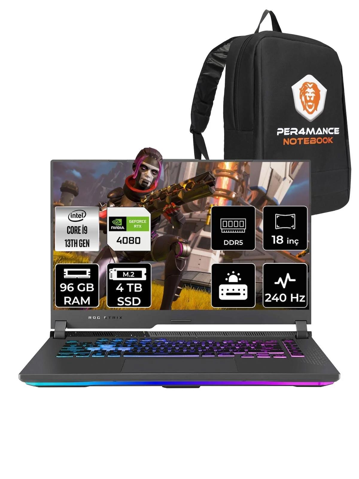Asus ROG Strix G18 N6002 Harici GeForce RTX 4080 Intel Core i9 13980HX 96 GB Ram 4 TB SSD 18 inç Full HD FreeDos Oyuncu Laptop + PER4 Çanta