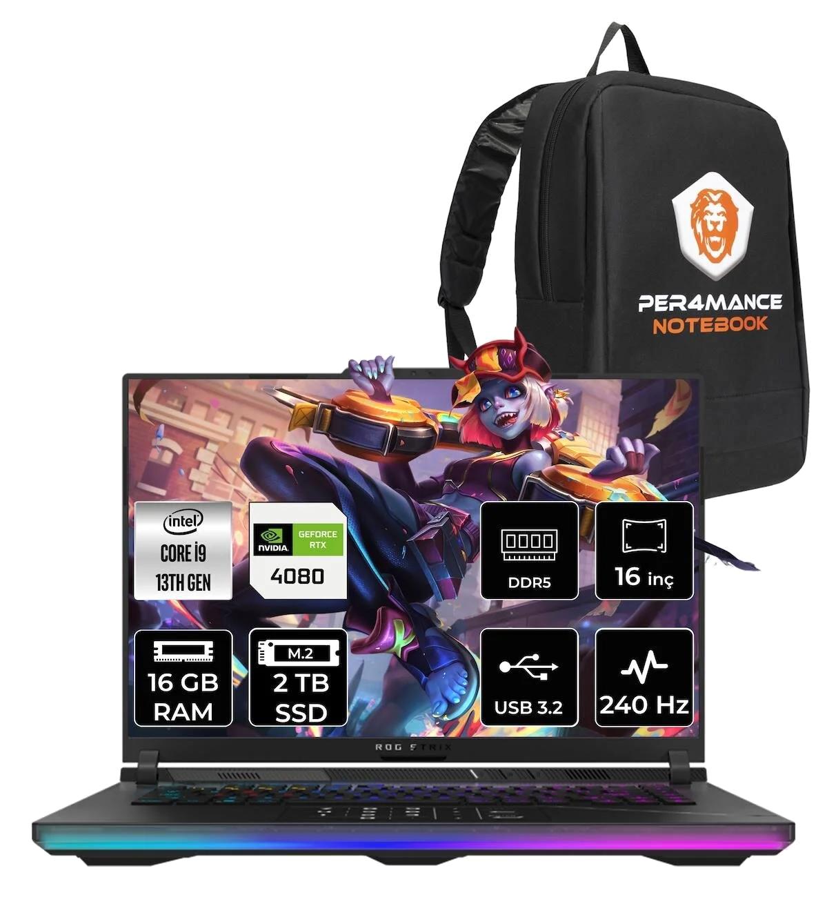 Asus ROG Strix Scar 16 NM042 Harici GeForce RTX 4080 Intel Core i9 13980HX 16 GB Ram 2 TB SSD 16 inç Full HD FreeDos Oyuncu Laptop + PER4 Çanta
