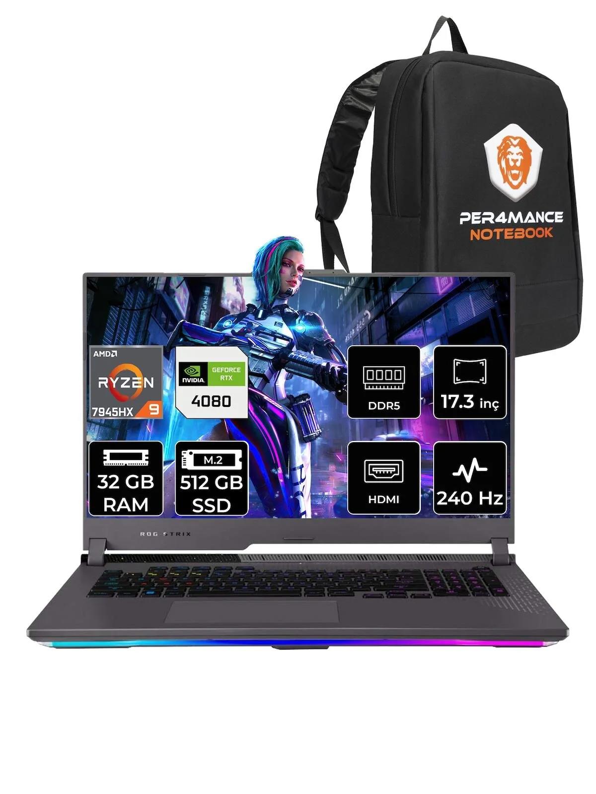 Asus ROG Strix Scar 17 LL065 Harici GeForce RTX 4080 AMD Ryzen 9 7945HX 32 GB Ram 512 GB SSD 17.3 inç QHD FreeDos Oyuncu Laptop + PER4 Çanta