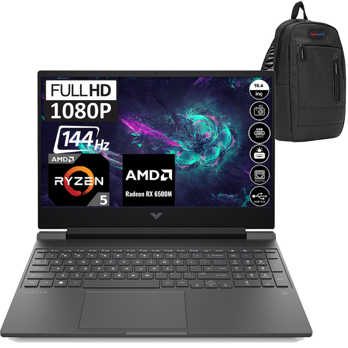 HP Victus Gaming 15 FB0015NT 7J3T4EAF02 Harici AMD Radeon RX 6500M AMD Ryzen 5 5600H 8 GB Ram 1 TB SSD 15.6 inç Full HD FreeDos Laptop + Zetta Çanta