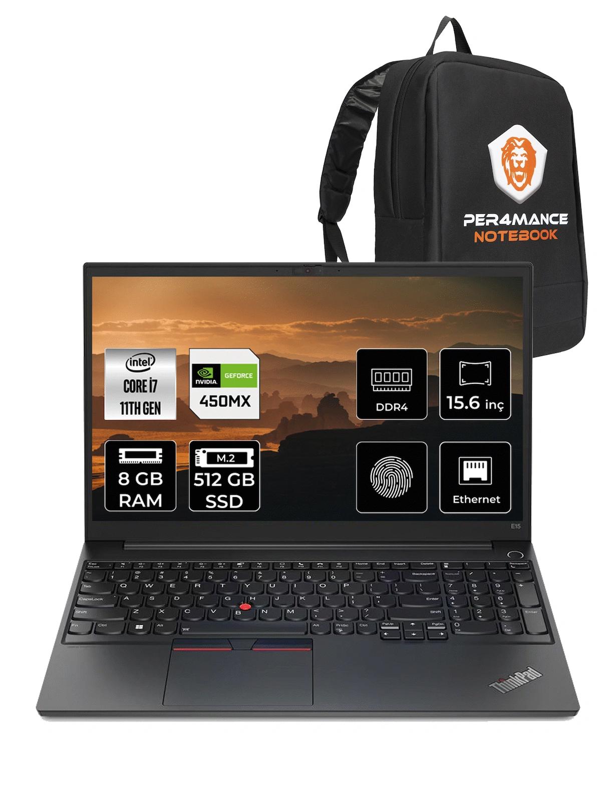Lenovo Thinkpad E15 20TD00J7TX Harici GeForce MX450 Intel Core i7 1165G7 8 GB Ram 512 GB SSD 15.6 inç Full HD FreeDos Laptop + PER4 Çanta