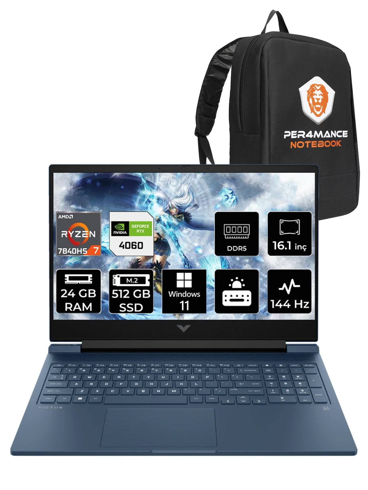 HP Victus 16 7Z586EA Harici GeForce RTX 4060 AMD Ryzen 7 7840HS 24 GB Ram 512 GB SSD 16.1 inç Full HD Windows 11 Pro Oyuncu Laptop + PER4 Çanta