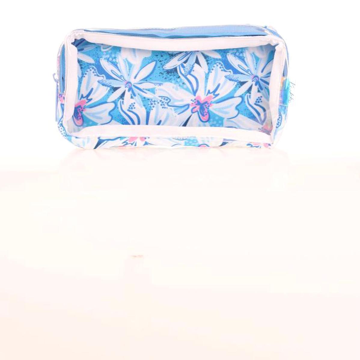 Kaukko Transparent Spring Flowers K2614 Beyaz-Mavi Desenli Nano Teknoloji Kumaş Bölmeli Çift Gözlü Dikdörtgen Cüzdan Kalemlik