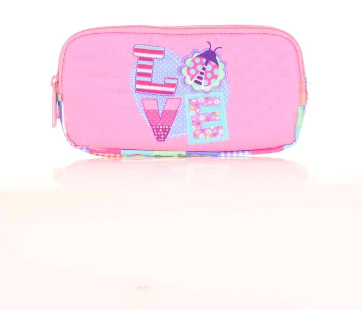 Kaukko Kids Paterned Love L8149 Pembe Desenli Bez Bölmeli 3 Gözlü Dikdörtgen Cüzdan Kalemlik
