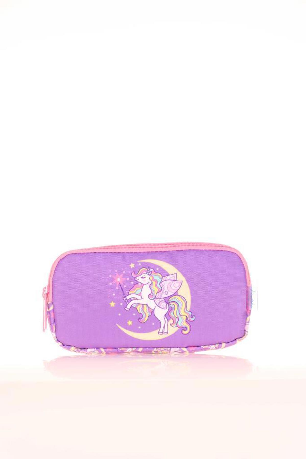 Kaukko Kids Flat Unicorn L8150 Lila Desenli Bez Bölmeli 3 Gözlü Dikdörtgen Cüzdan Kalemlik