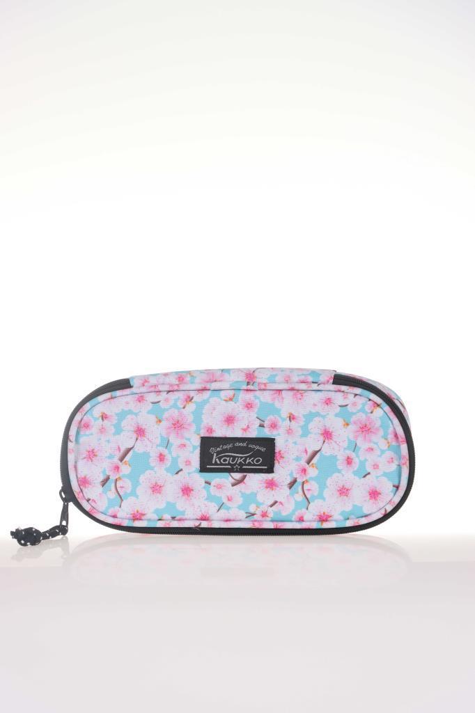 Kaukko Safari Sakura K2277 Mavi-Pembe Desenli Bez Bölmeli Tek Gözlü Oval Cüzdan Kalemlik
