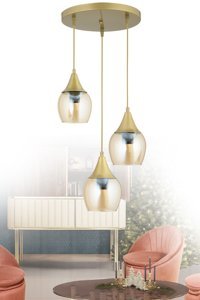Dede 3'lü Metalik Şapkalı Modern Metal Salon-Oturma Odası Avize
