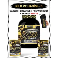 Gorilla Nutrition Çikolata Aromalı 40 Servis Kas Yapıcı Gainer 4700 gr Toz + Kreatin Aromasız 350 gr + Pre Workout 360 gr