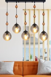 Simetri Avize 5'li Kahverengi Kare Rustik Ahşap Salon-Oturma Odası Avize