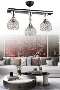 İstanbul Avize Yasemin 3'lü Gümüş Kristal Taşlı Modern Metal Salon-Oturma Odası Avize
