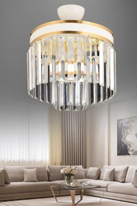 İstanbul Avize Yasemin 3'lü Altın Kristal Taşlı Modern Metal Salon-Oturma Odası Avize