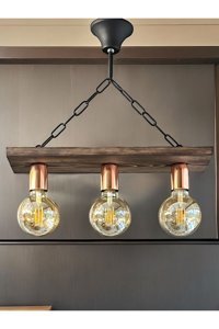 Naturel Lighting Balle Tekli Haki Jüt Rustik Ahşap Salon-Oturma Odası Avize