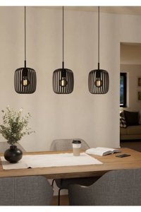 Eglo Calmanera 3'lü Siyah Şapkalı Modern Çelik Salon-Oturma Odası Avize