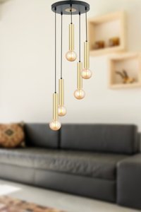 Apliqa Eldon 5'li Altın Kristal Taşlı Modern Metal Salon-Oturma Odası Avize