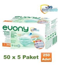 Evony Tek Kullanımlık 3 Katlı Lastikli Telli 250'li Yetişkin Cerrahi Maske Yeşil