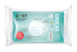 Dost Tek Kullanımlık 3 Katlı Lastikli Telli 50'li Yetişkin Ultrasonik Cerrahi Maske Beyaz