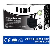 B-Good Tek Kullanımlık 3 Katlı Lastikli Telli 50'li Yetişkin Cerrahi Maske Siyah