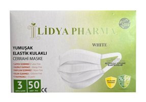 Lidya Tek Kullanımlık 3 Katlı Lastikli Telli 50'li Yetişkin Cerrahi Maske Beyaz