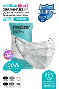 Medizer Tek Kullanımlık 3 Katlı Lastikli Telli 100'lü Yetişkin Ultrasonik Cerrahi Maske Beyaz