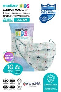 Medizer Tek Kullanımlık 3 Katlı Lastikli Telli 10'lu Çocuk Ultrasonik Cerrahi Maske Yeşil