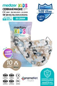 Medizer Tek Kullanımlık 3 Katlı Lastikli Telli 10'lu Çocuk Ultrasonik Cerrahi Maske Çok Renkli